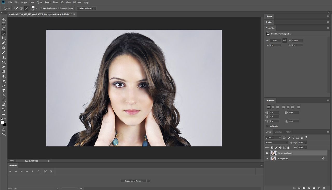 Open a model portrait image in Photoshop